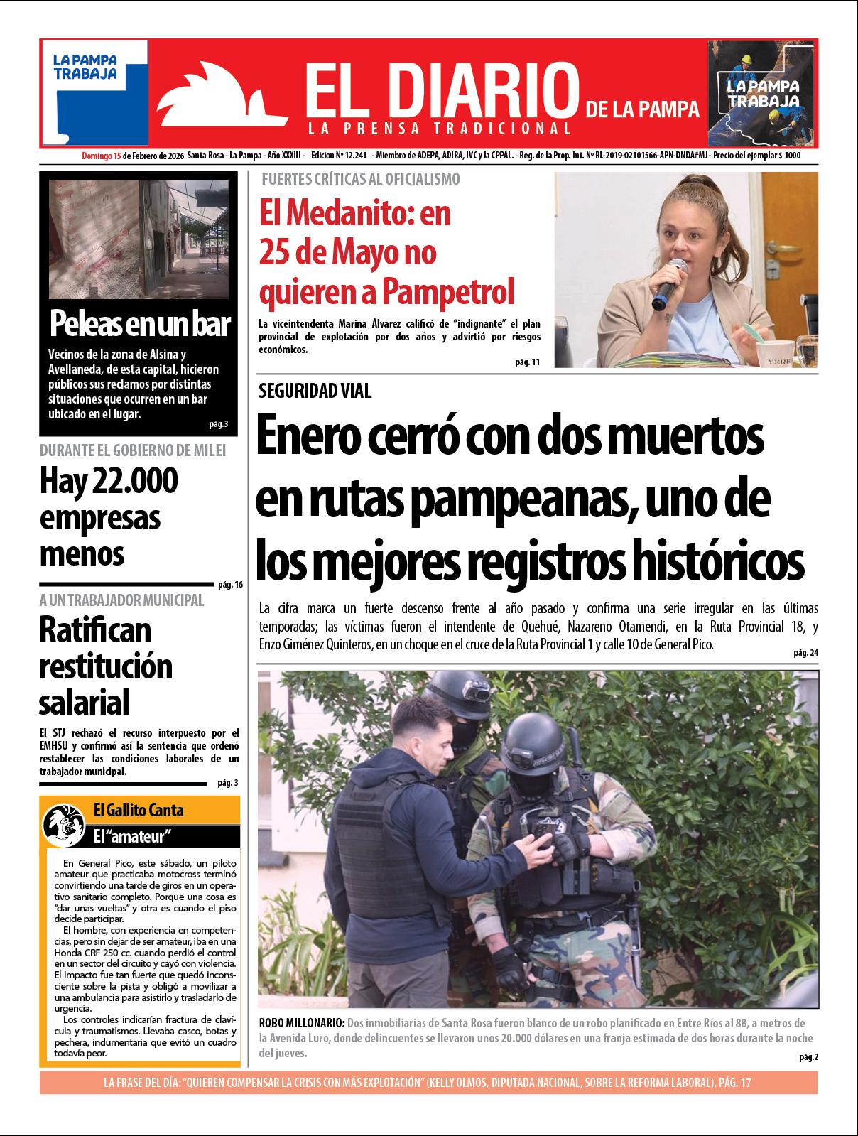 Tapa de El Diario en papel  domingo 15 de febrero de 2026